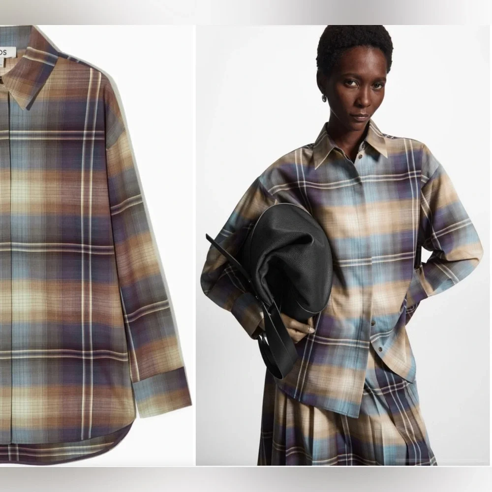 COS Oversized checked wool blend shirt with buttons dropped shoulders sz 12 - Picture 3 of 8